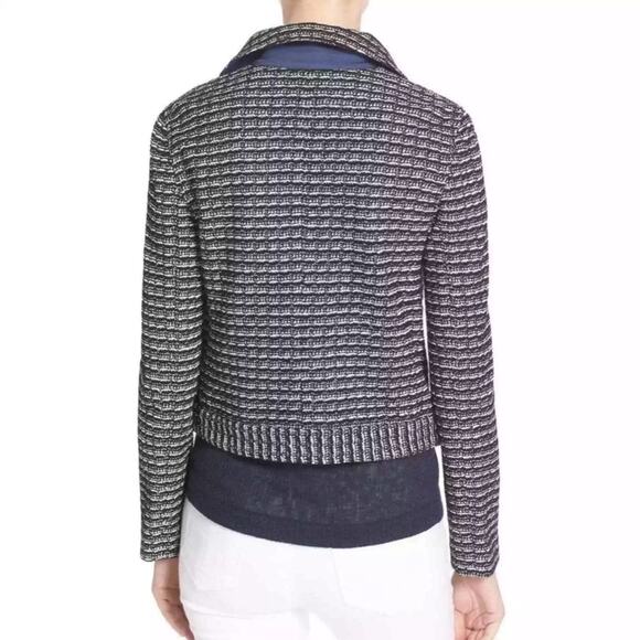 Tory Burch Tweed Moto Jacket Black Knit Zip Front Leather Trim Small Old Money - Picture 10 of 11